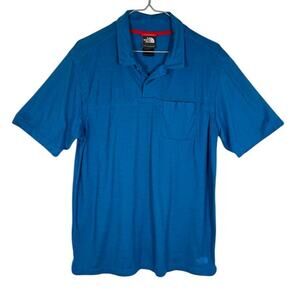 The North Face Men's Polo Shirt L Blue Short Sleeve Button Snap Pocket Golf